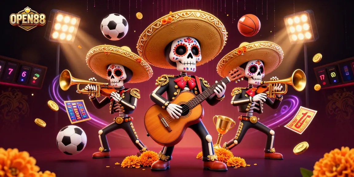Engage with OPEN88 as skeleton mariachi band and dynamic sports elements create a vibrant gambling atmosphere.