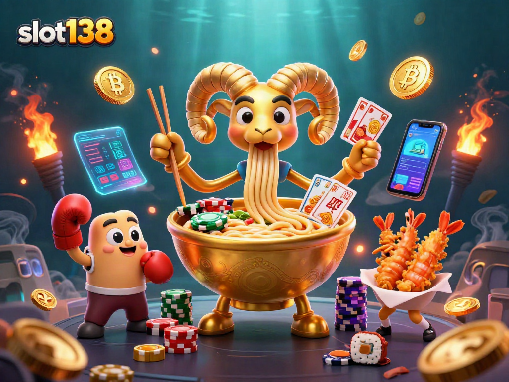 Experience the thrill of slot138 with a vibrant 3D illustration of animated casino characters and crypto elements.