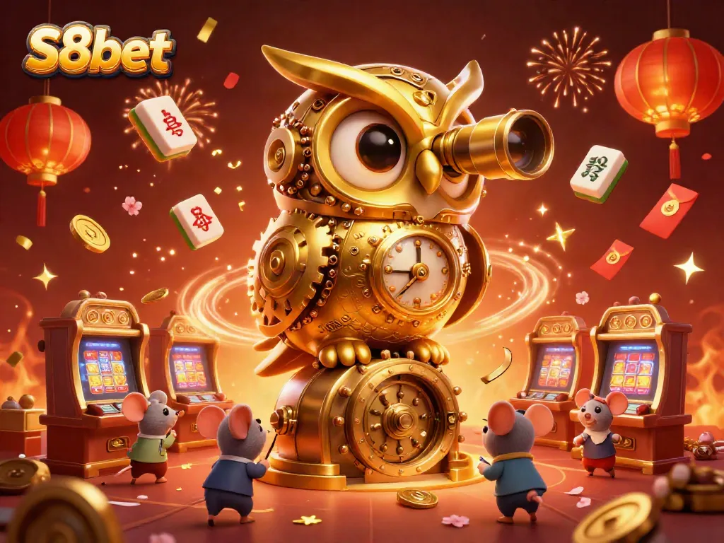 Experience vibrant gameplay at S8bet with a dynamic casino scene featuring a golden owl and lucky symbols.
