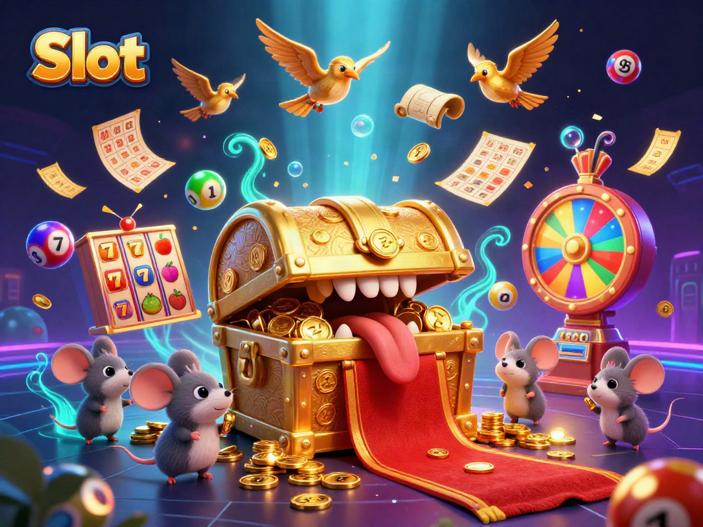 Spin slots with a rich prize scene of treasure chests and vibrant elements in neon glow.