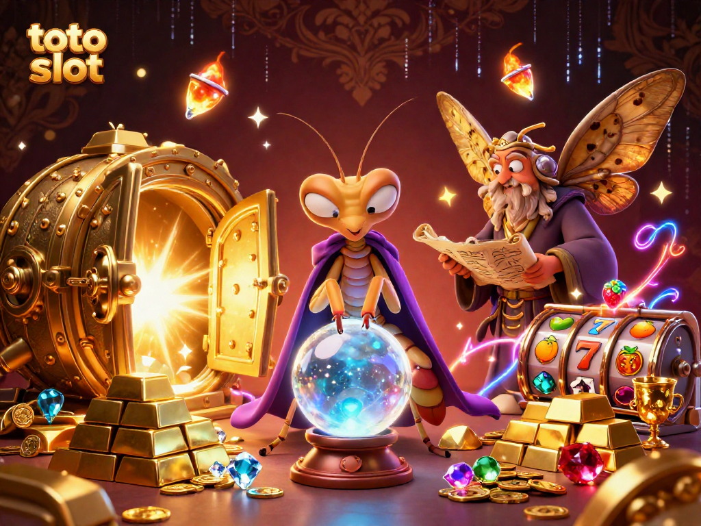 Gali keberuntungan pada toto slot dengan karakter spiritual dalam suasana magis penuh harta karun berkilauan.