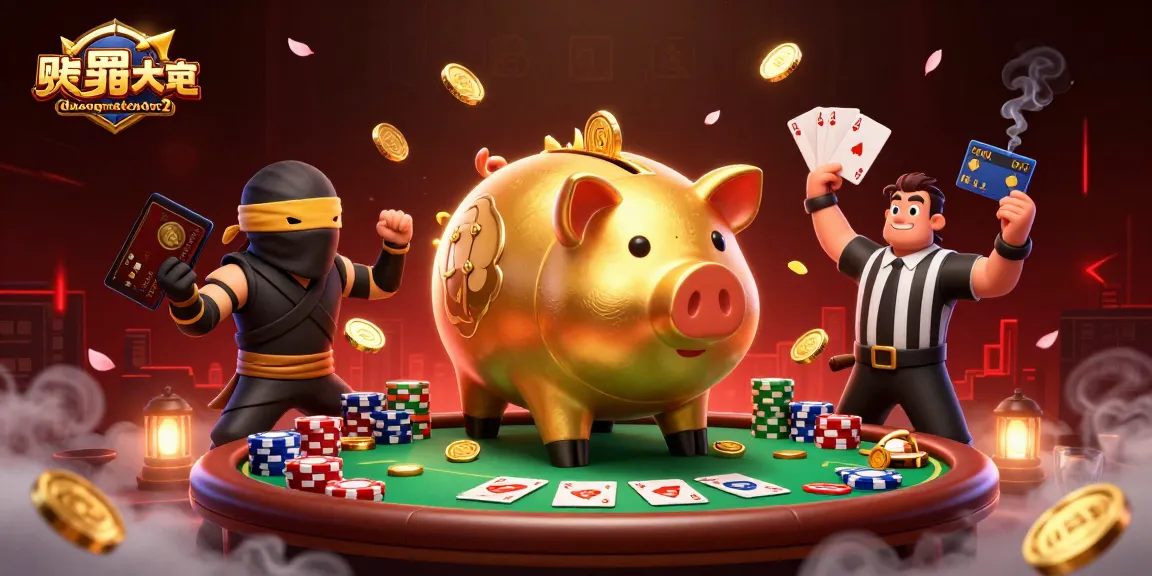Engage with duongmatchuoc2 as a golden piggy bank wrestler triumphs at a vibrant poker table.