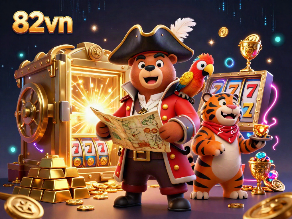Experience excitement at 82vn with a cartoon pirate bear and tiger amid sparkling casino treasures.