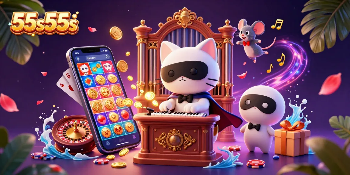 Experience 55s55s with a vibrant casino scene showcasing dynamic slot games and charming characters.