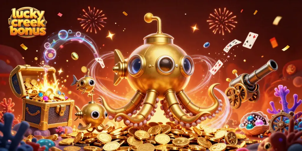 Engage with the lucky creek bonus featuring a golden kraken submarine amid a treasure of gems and coins.