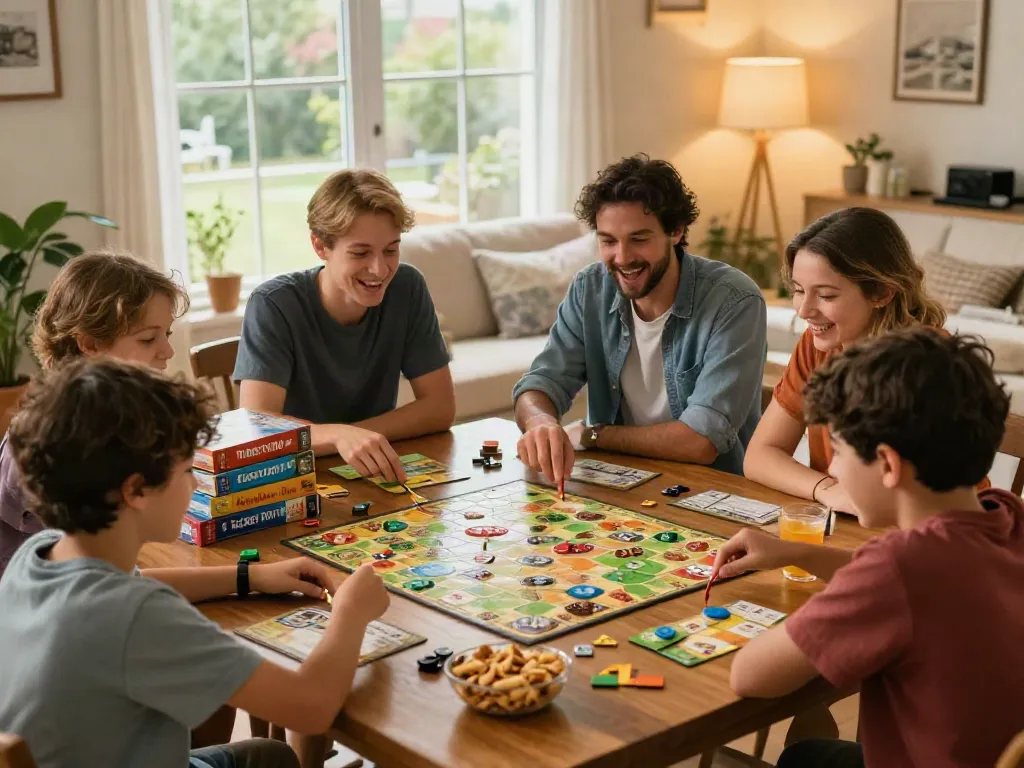 Family enjoying popular board games like Catan and Ticket to Ride in a cozy living room, capturing the joy of gaming.