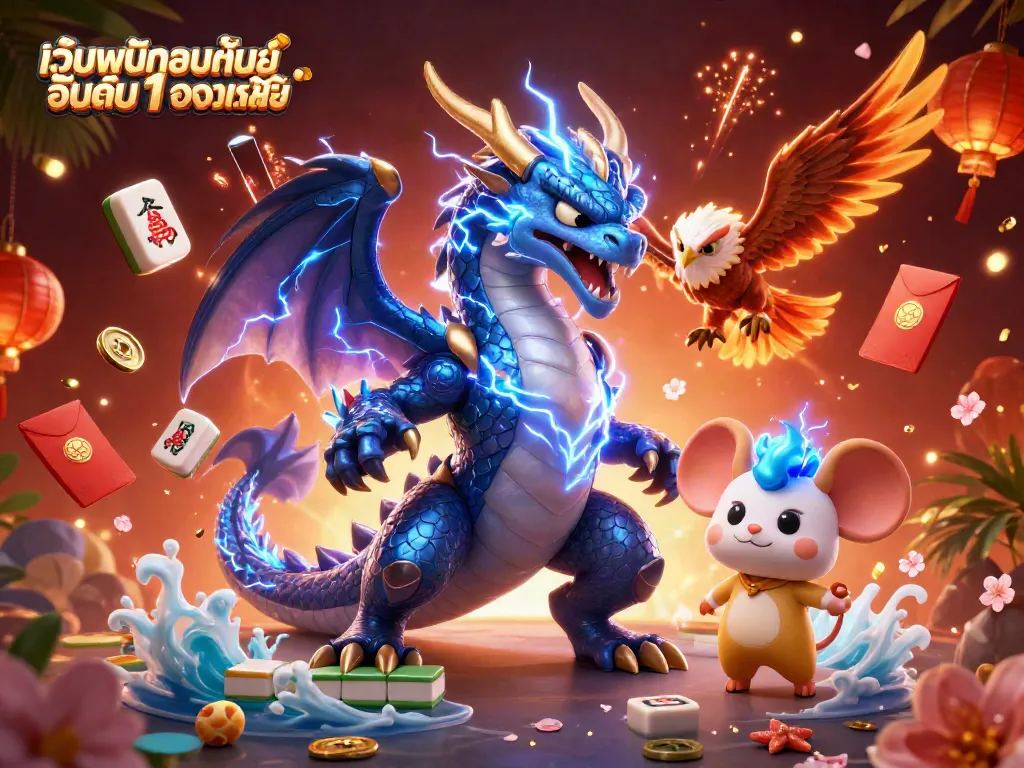 เว็บพนันออนไลน์ อันดับ 1 ของเอเชีย แสดงภาพการ์ตูน 3D ของมังกรสายฟ้าท่ามกลางบรรยากาศคาสิโน