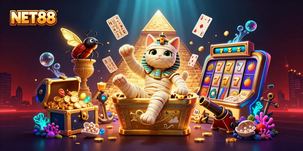 Experience thrilling gaming action with NET88 in this vibrant pyramid casino scene featuring a mummy cat and scarab beetle.