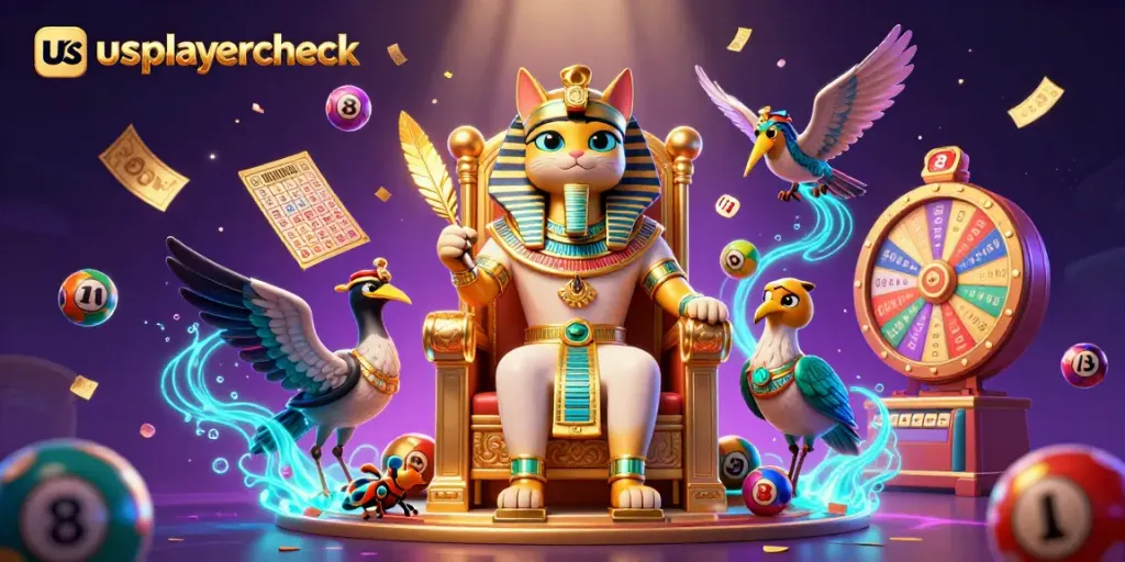 Engage with usplayercheck's vibrant casino world featuring a pharaoh cat and gaming elements.