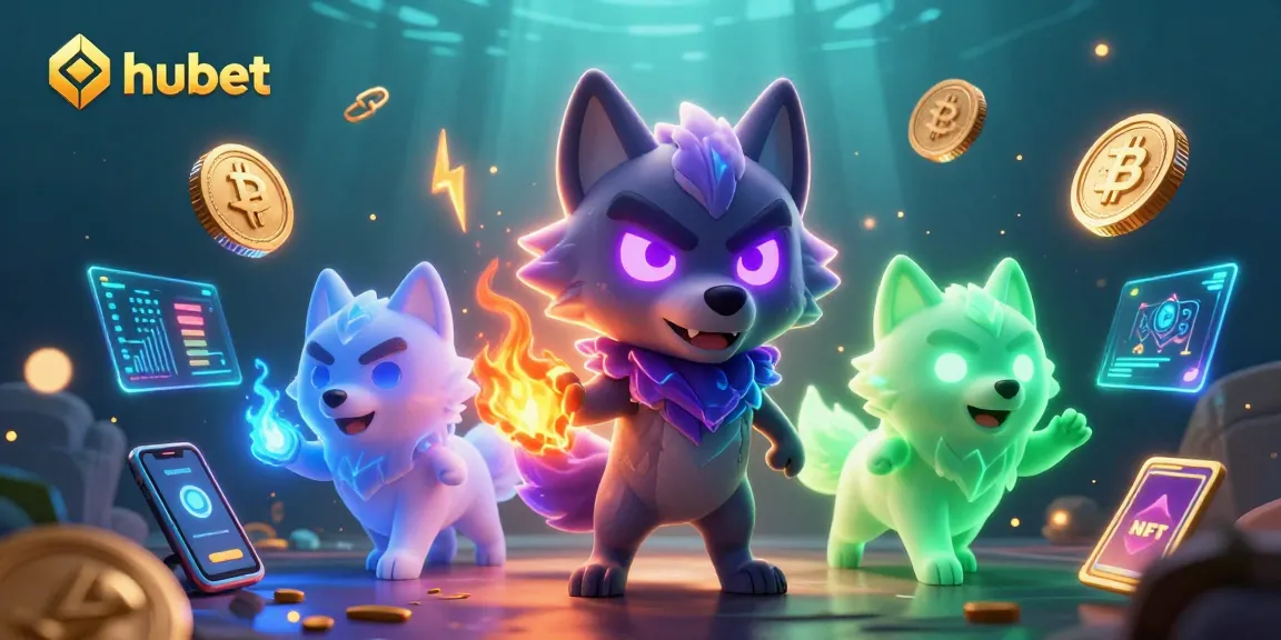 Win with hubet in an immersive 3D crypto casino scene featuring glowing wolf characters and dynamic game elements.