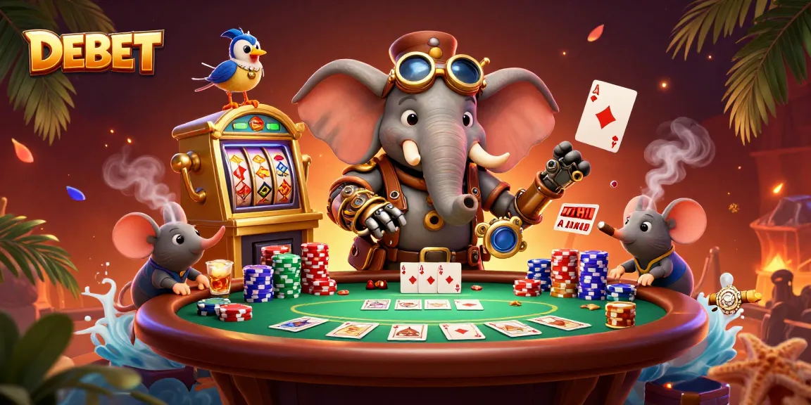 Engage in thrilling gameplay at DEBET with a steampunk-inspired casino scene filled with vibrant poker elements.