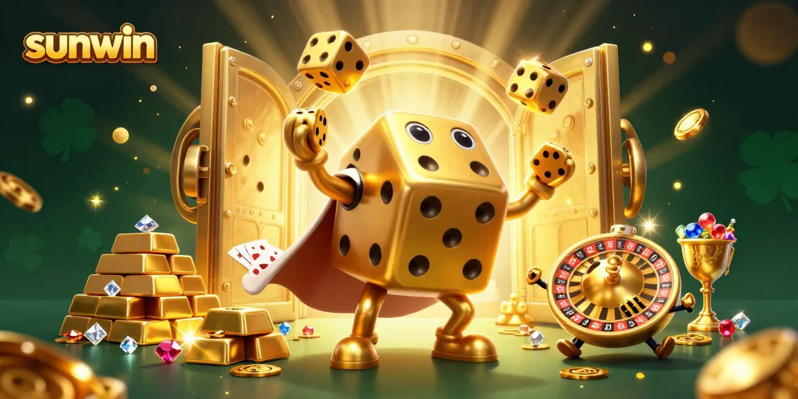 Experience exhilarating gaming at sunwin with a dynamic casino scene featuring playful characters and vibrant treasures.
