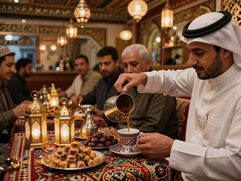 قهوجي وصبابين يقدمون القهوة العربية في مقهى مزخرف، مع أجواء دافئة وأصيلة.