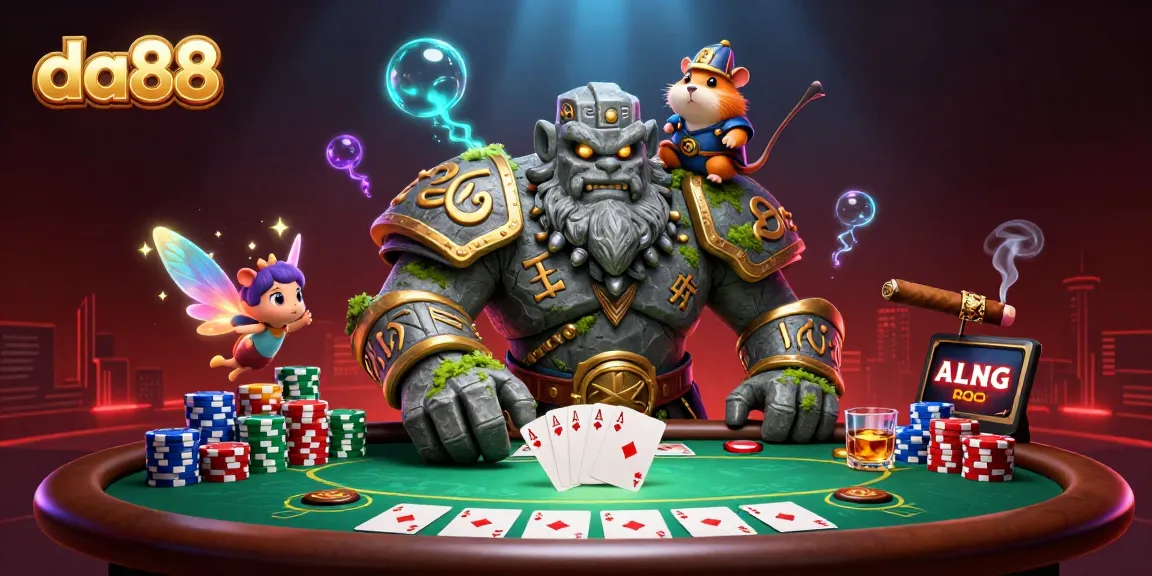 Experience excitement at da88 with a magical battle scene between a golem, knight, and fairy.