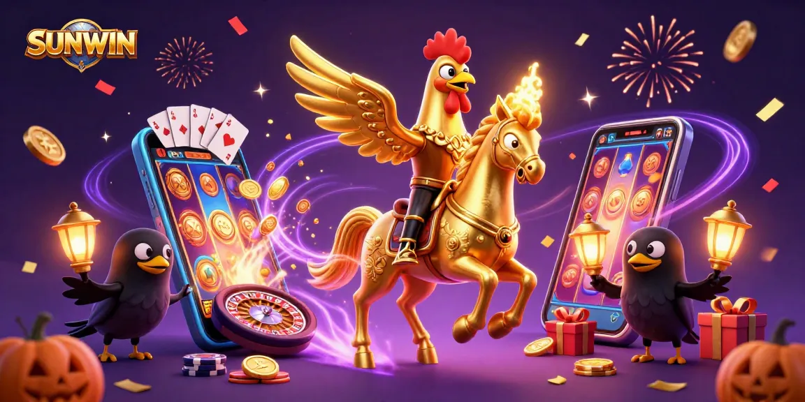 SUNWIN showcases a vibrant midnight casino scene with a golden rooster, slot games, and sparkling elements.
