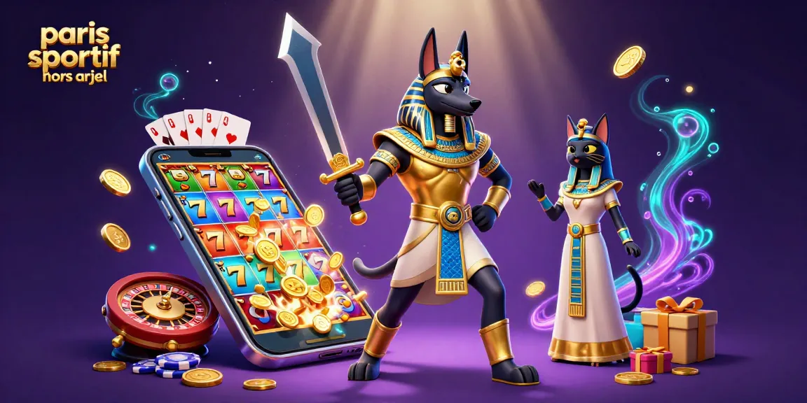 Illustration d'Anubis et Bastet avec un smartphone représentant des paris sportifs hors ARJEL.