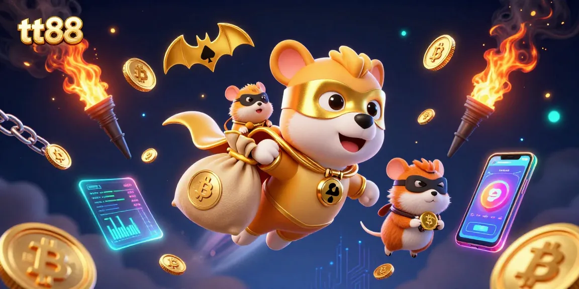 Engage with tt88 in this vibrant scene featuring a superhero dog and hamster, surrounded by dynamic gambling elements.