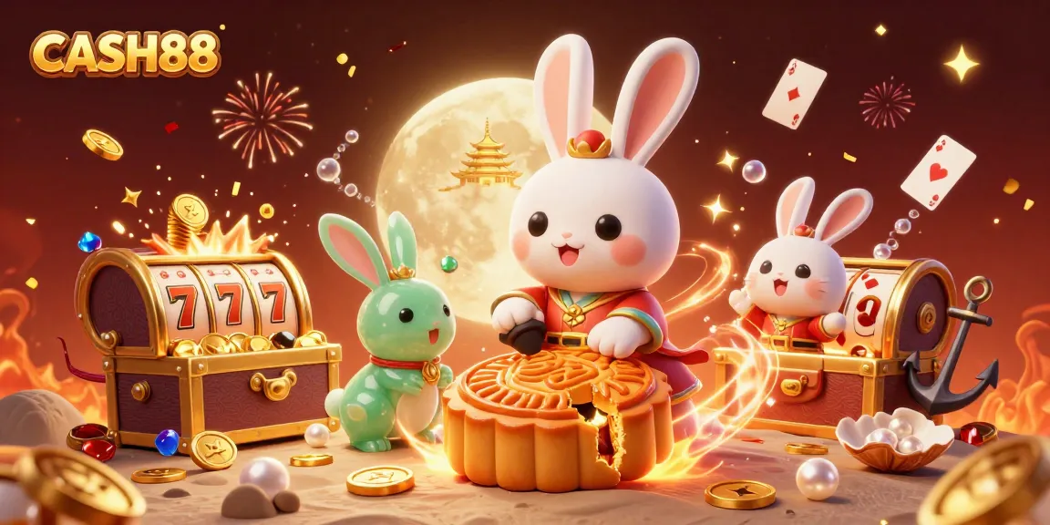 Experience the excitement of CASH88 with a vibrant 3D illustration featuring a moon rabbit and casino elements.