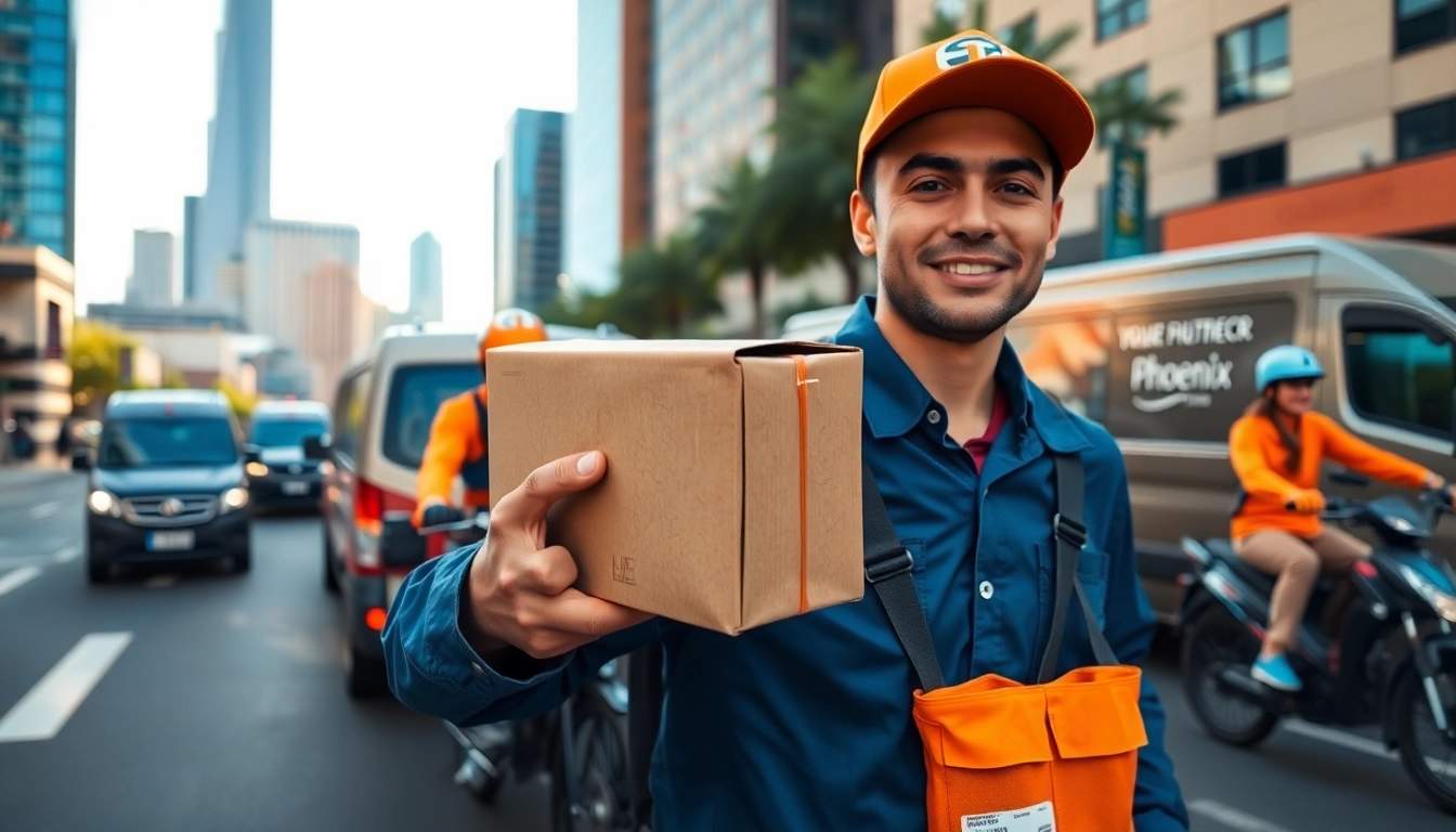 Courier services Phoenix AZ with professional delivery personnel navigating busy city streets.