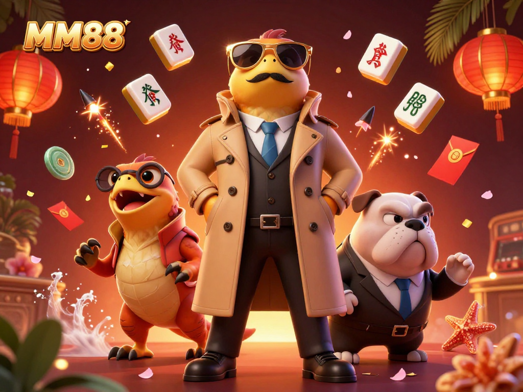 Raptors in a trench coat attempting to join the MM88 VIP casino lounge, emphasizing gambling fun.