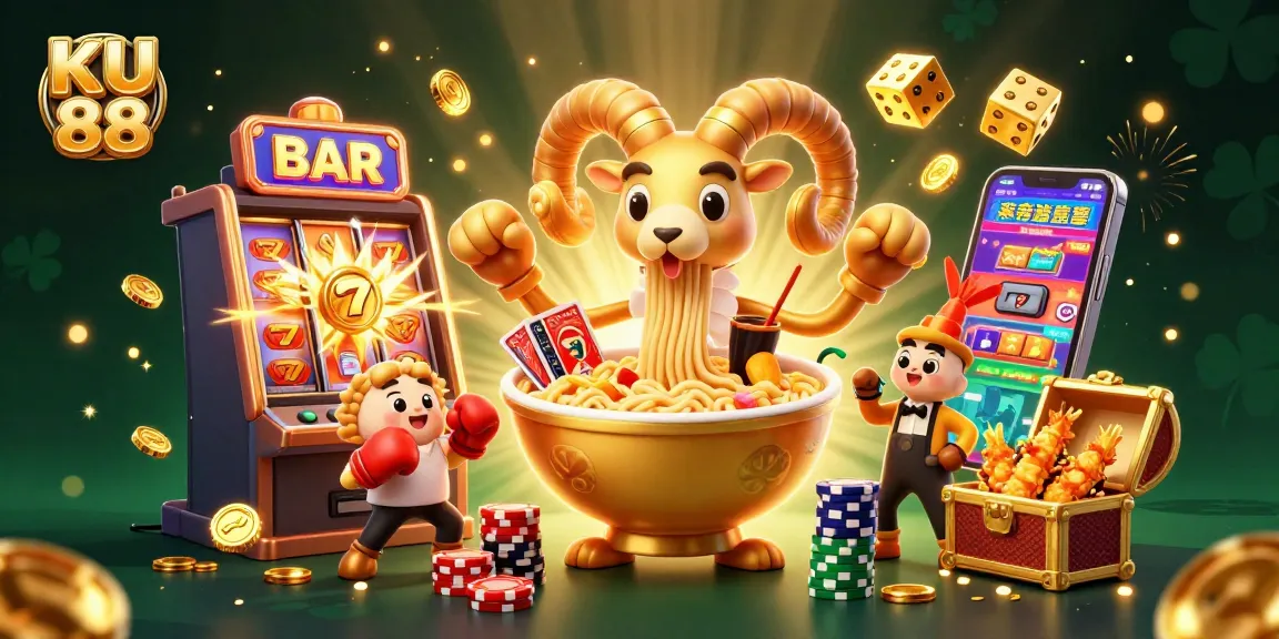 Experience the thrill of KU 88 as the golden ramen bowl dealer dazzles with gaming cards amidst a vibrant casino explosion.