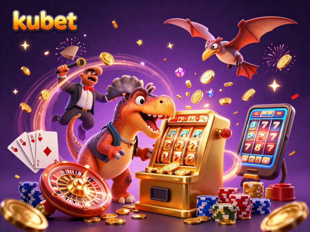kubet jackpot scene with cartoon dinosaurs, slot machine, and flying coins in celebration