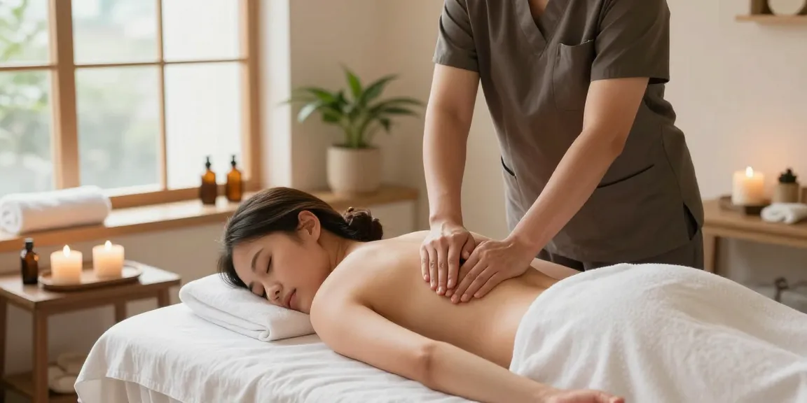 스웨디시 마사지 중인 치료사와 편안한 고객, 아로마 오일과 촛불이 있는 스파의 아늑한 분위기