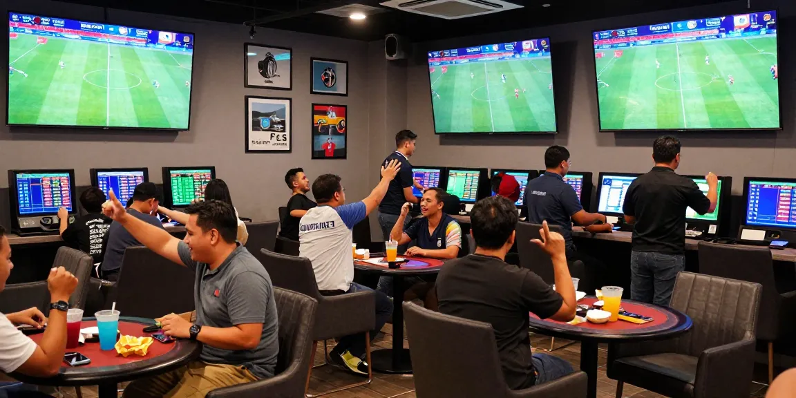 Situs Taruhan Bola Terpercaya sports betting lounge with fans celebrating