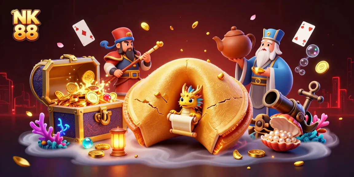 Engage with the exciting world of NK 88 through this vibrant 3D illustration of fortune cookies and gaming elements.