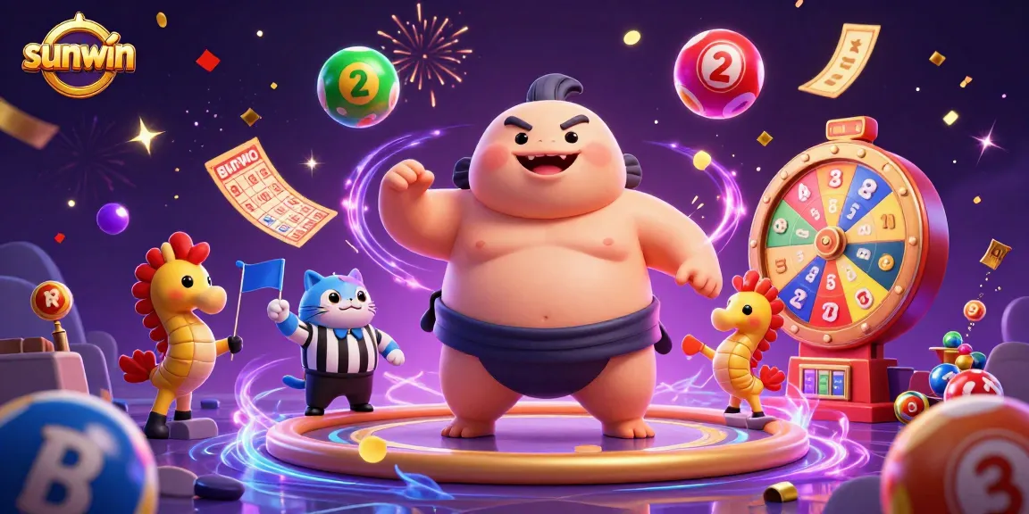 Get ready to win big at Sunwin's vibrant lottery scene featuring colorful characters and exciting game elements.