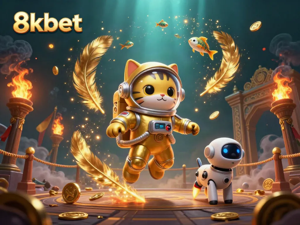 Experience thrilling games at 8kbet with an exciting cosmic twist including feline astronauts and vibrant casino elements.