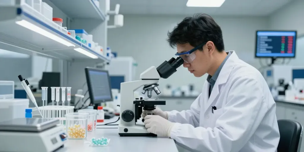 Researcher examining peptide price data in a modern lab setting.