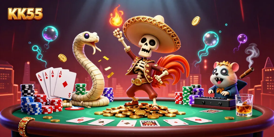 KK55 showcases a victorious mariachi rooster celebrating with poker champions in a vibrant casino setting.