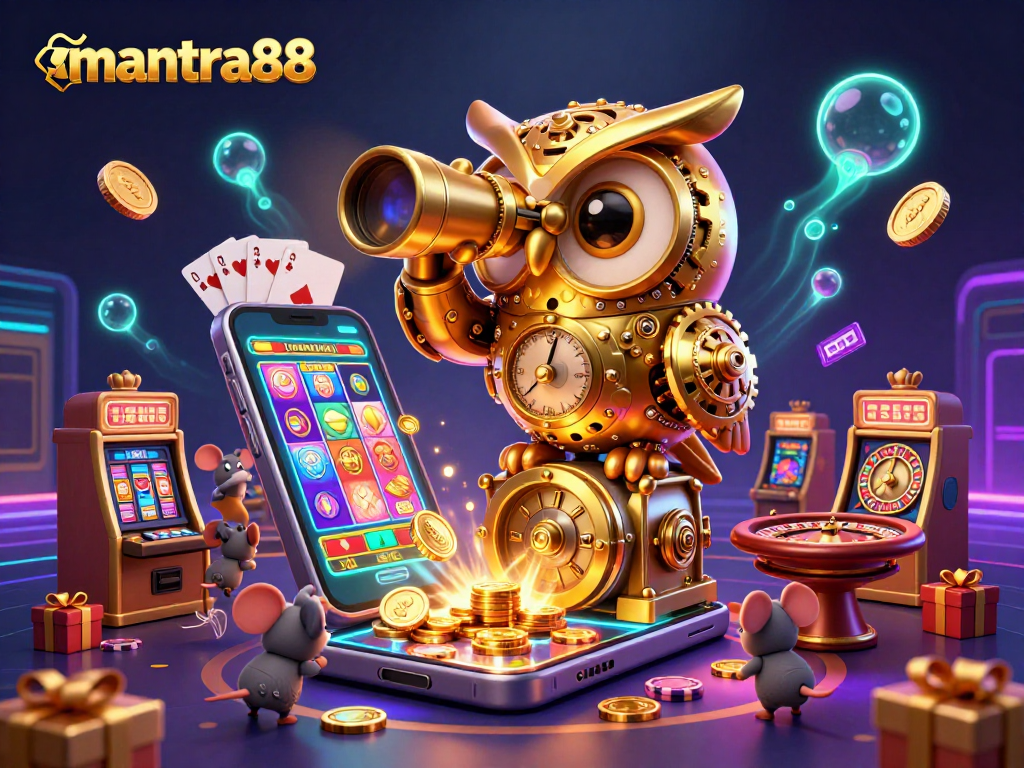 Capture winning moments at mantra88 with an owl scanning a vibrant casino scene packed with slots and games.
