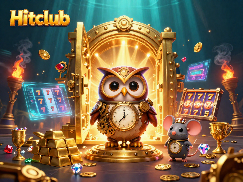 Hitclub showcased with a vibrant 3D cartoon owl and mouse in a dynamic casino environment, brimming with exciting elements.