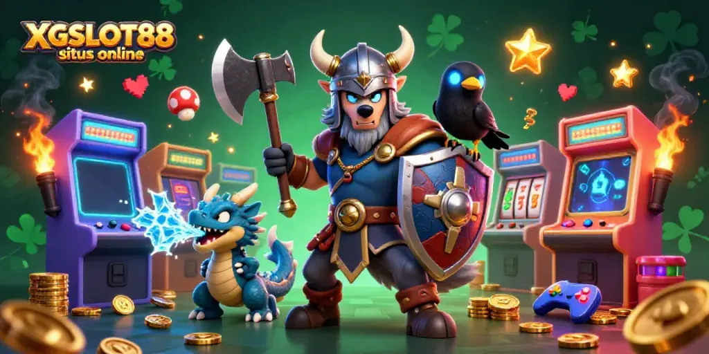 XGSLOT88 situs online menampilkan pahlawan Viking dan naga dalam lingkungan kasino yang penuh warna.