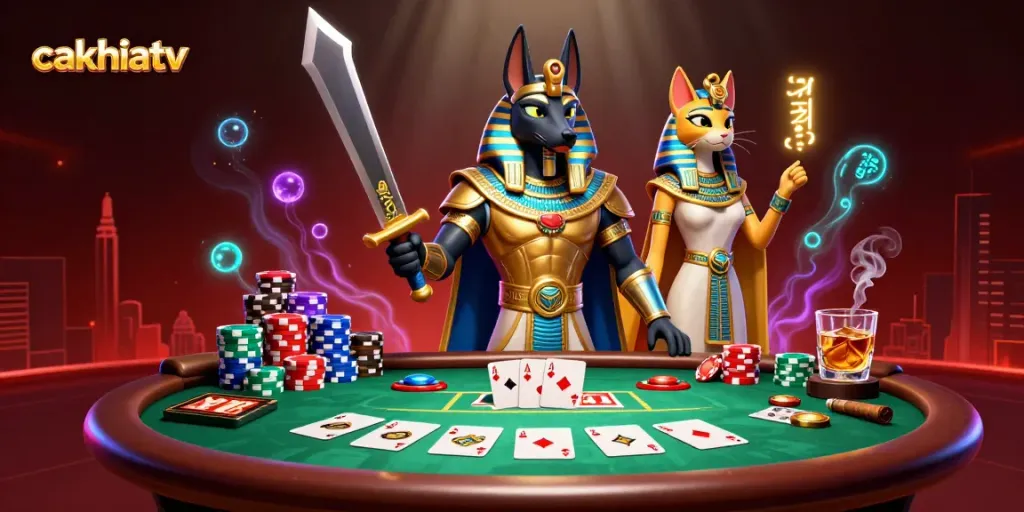 Witness the vibrant action in cakhiatv with Anubis and Bastet diving into a thrilling scene of poker and sports betting.