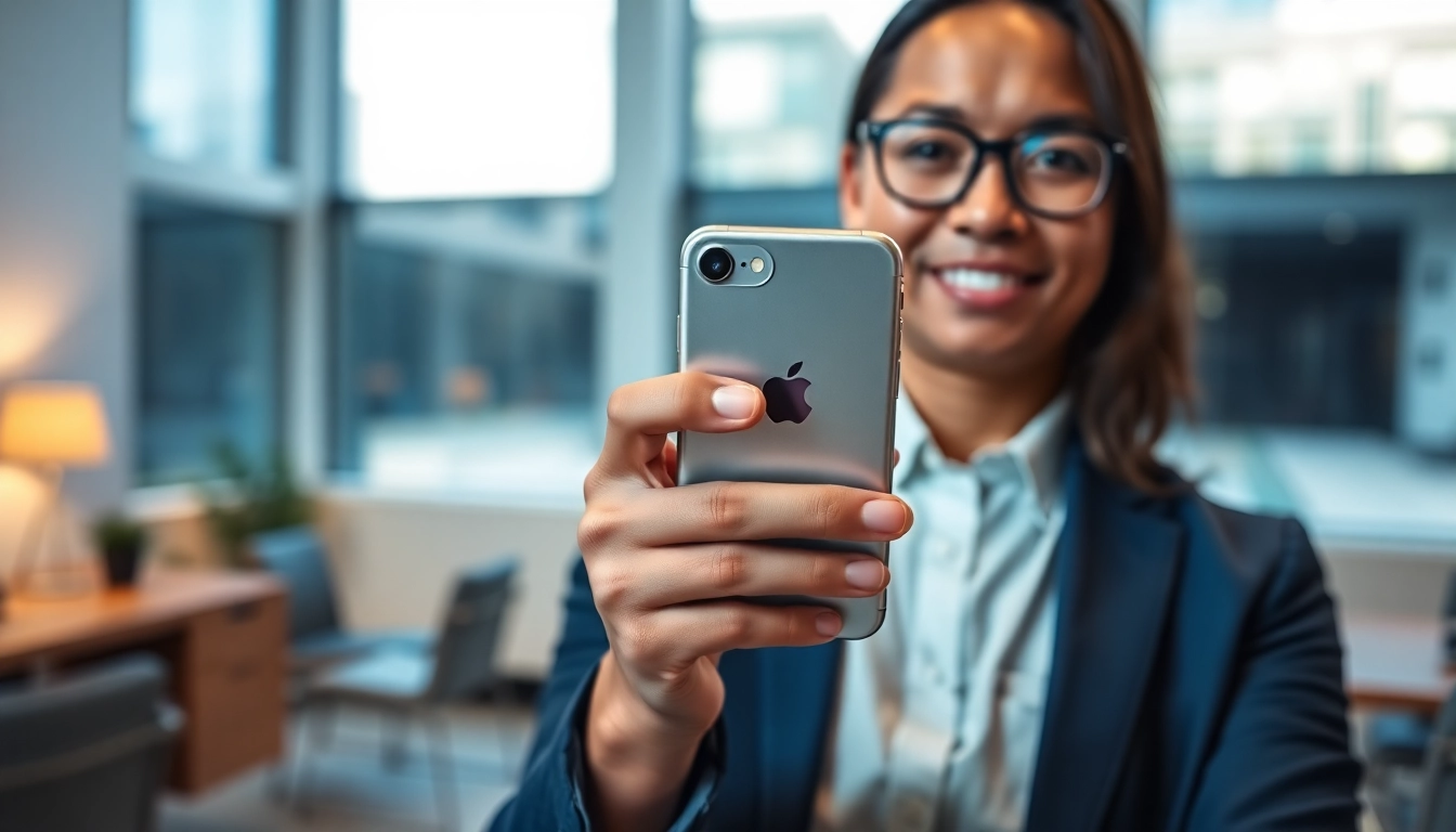 Holding an iPhone while evaluating cash for iPhone offers in a modern office setting.