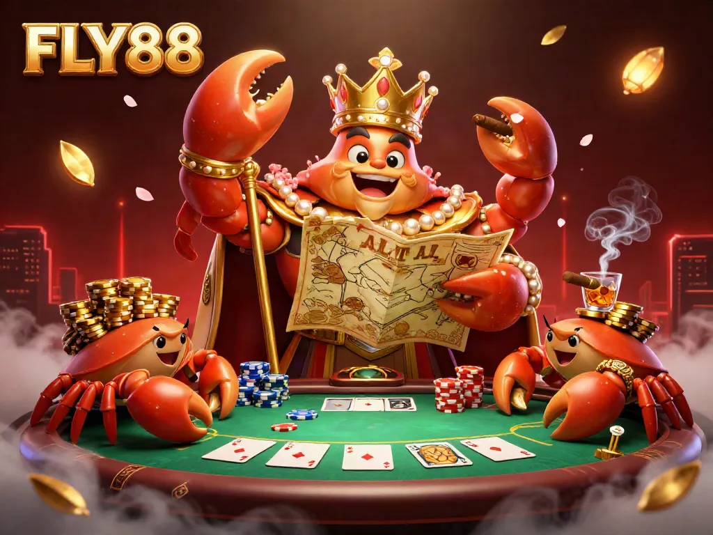 FLY88 transports players into an engaging 3D casino scene filled with vibrant poker elements and a golden crab emperor.