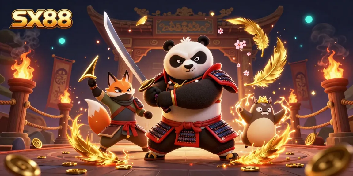 SX88 samurai panda and ninja fox engage in epic gambling duel in a vibrant casino setting