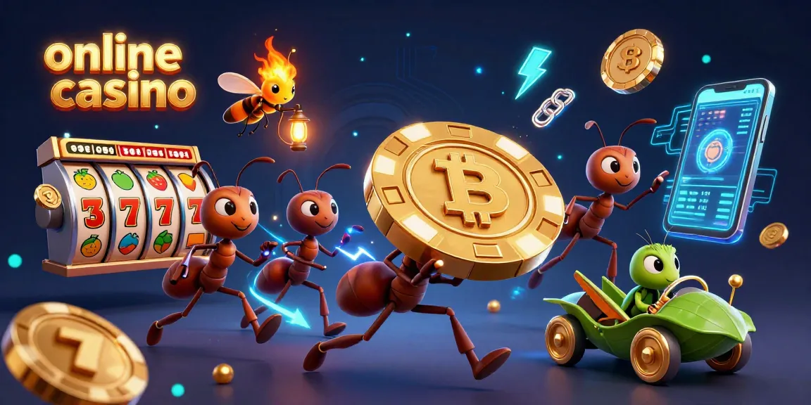 Formiche in un colpo grosso in un casino online, che trasportano un'enorme fiche da poker, circondando monete Bitcoin ed Ethereum.