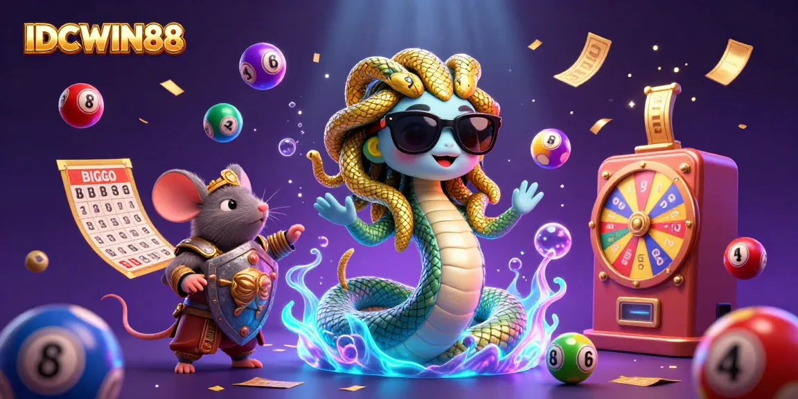 Win exciting jackpots with IDCWIN88 as Medusa and a warrior celebrate amidst vibrant gaming elements.