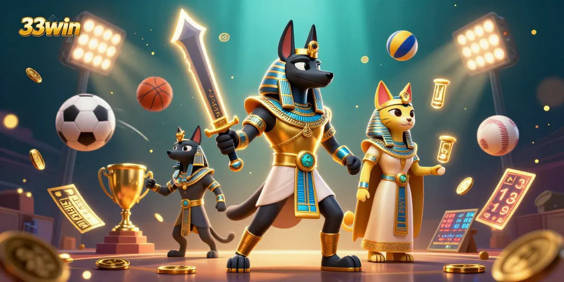 Experience thrilling action with 33win’s vibrant casino scene featuring Anubis and Bastet!