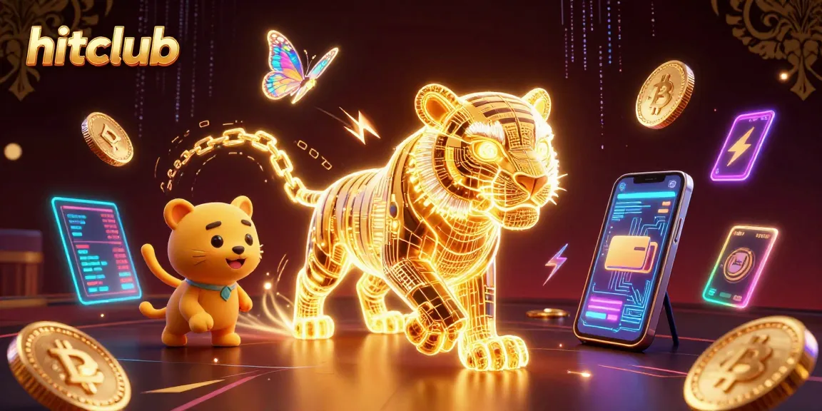 Experience hitclub's vibrant digital casino with a neon tiger and cryptocurrency elements in dynamic action.