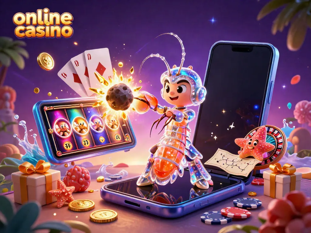 Experience an online casino adventure with a galactic mantis shrimp and starfish surrounded by gaming elements.