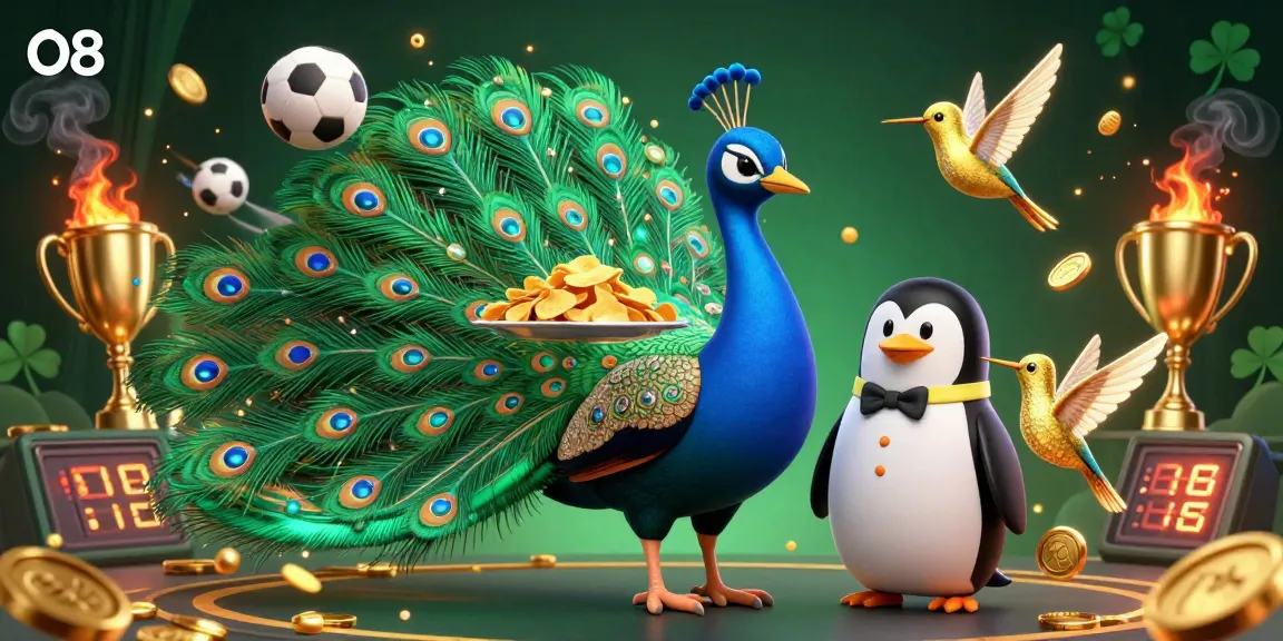 Experience the excitement of O8 with a dazzling 3D casino illustration featuring a colorful peacock, sports elements, and dynamic action.