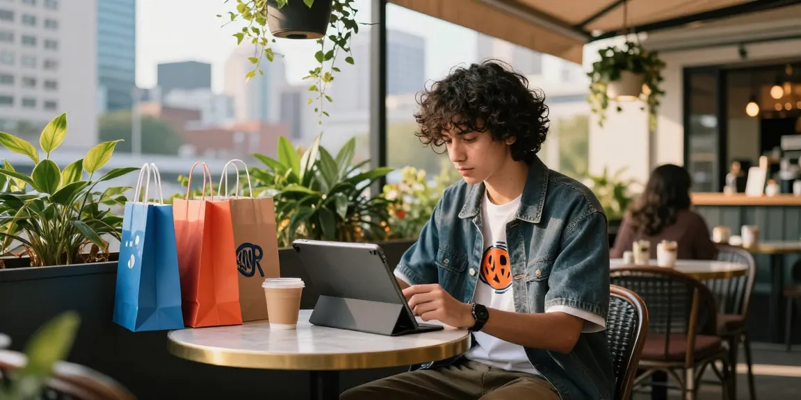 Person exploring the Acbuy spreadsheet for trendy apparel shopping at urban café.
