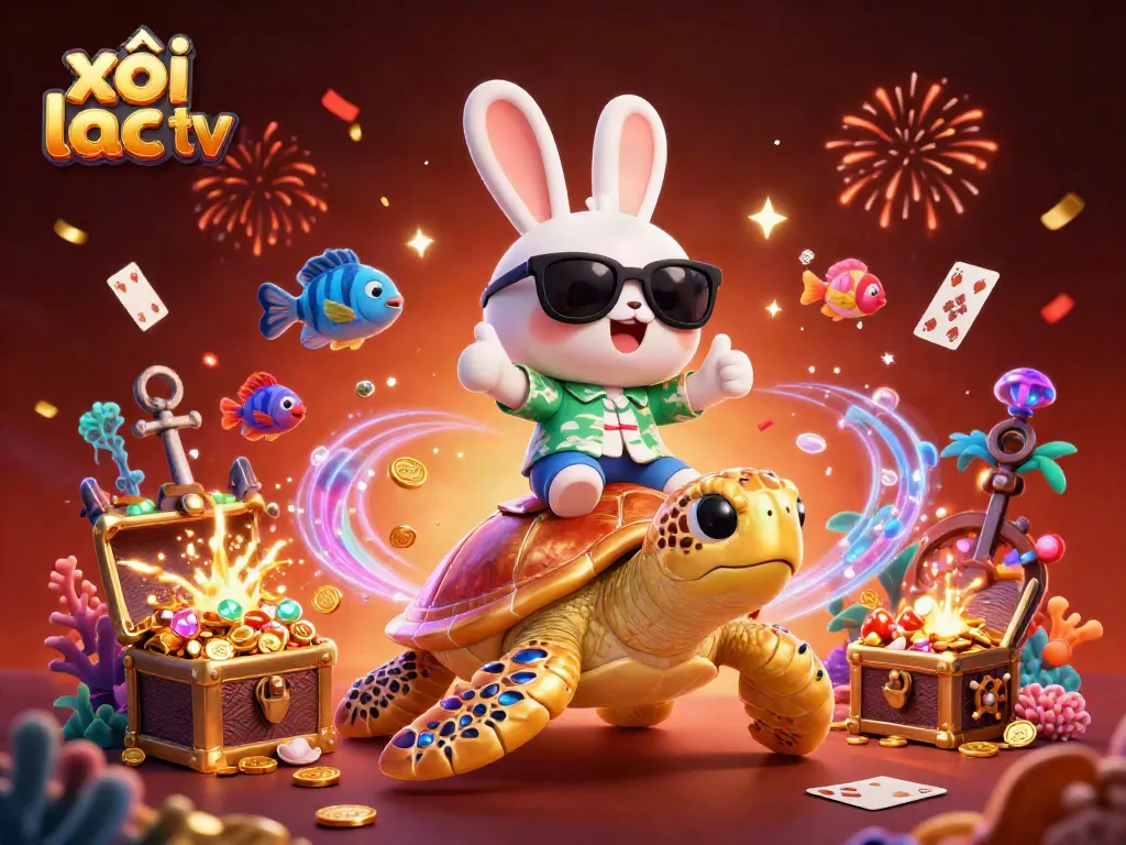 Experience exciting gambling adventures with xôi lạc tv as a lucky rabbit rides a golden turtle in this vibrant illustration.