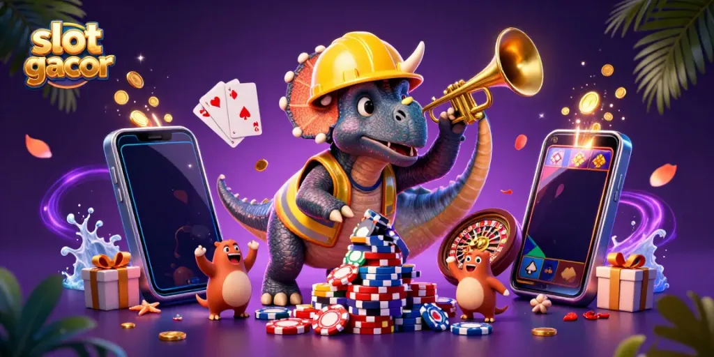 Engage with slot gacor in a vibrant casino-themed 3D illustration featuring cartoon dinosaurs celebrating