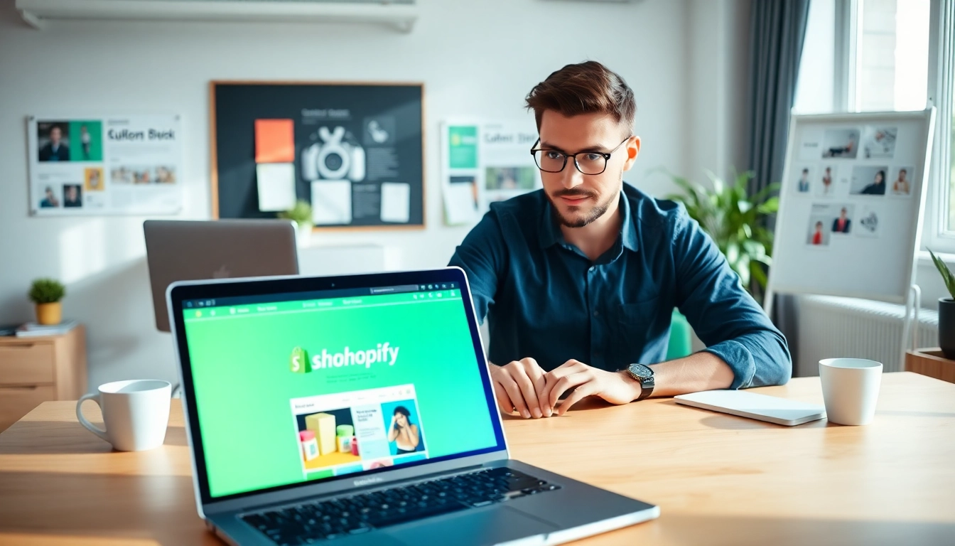 Implementing Custom Shopify development on a laptop in a creative workspace.